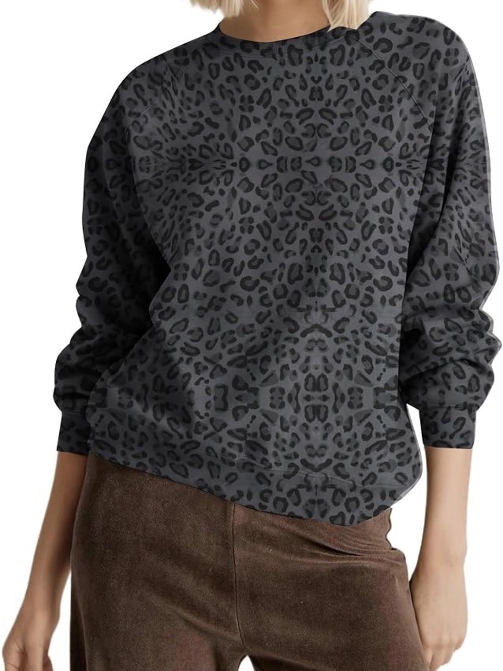 Peace Love World Women's Grey Leopard Print Pullover Sweater
